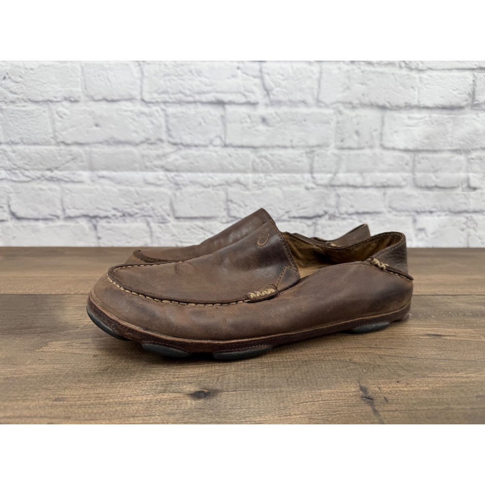 OluKai Moloa‎ Brown Leather Slip On Loafer Collapsable Back Shoes Mens Size 9.5